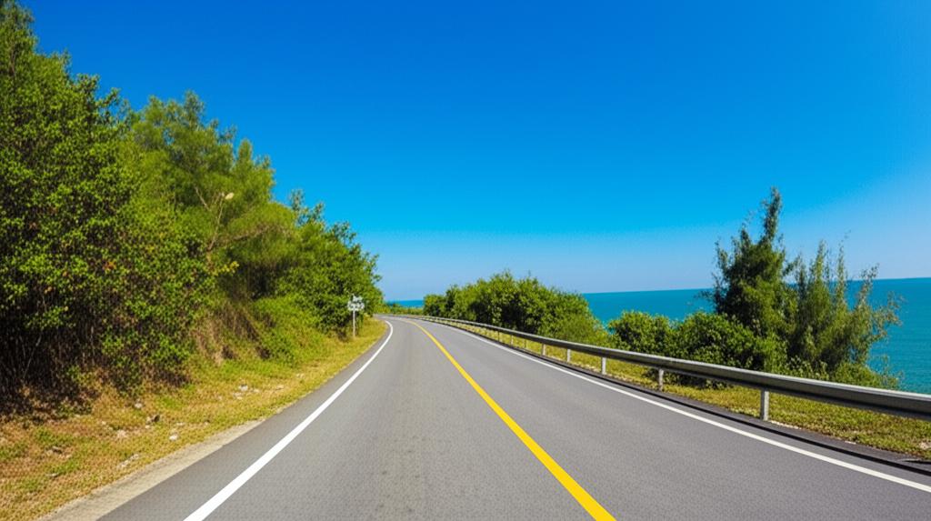 Car driving on a sunny road near the sea in Thailand