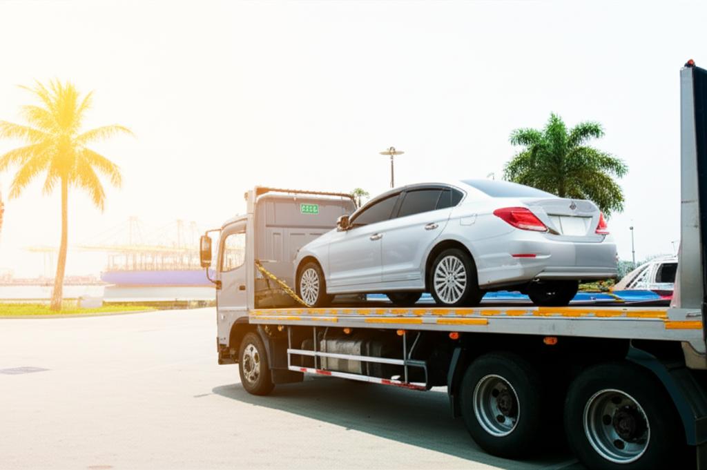 New car arriving in Thailand port with hot climate in background