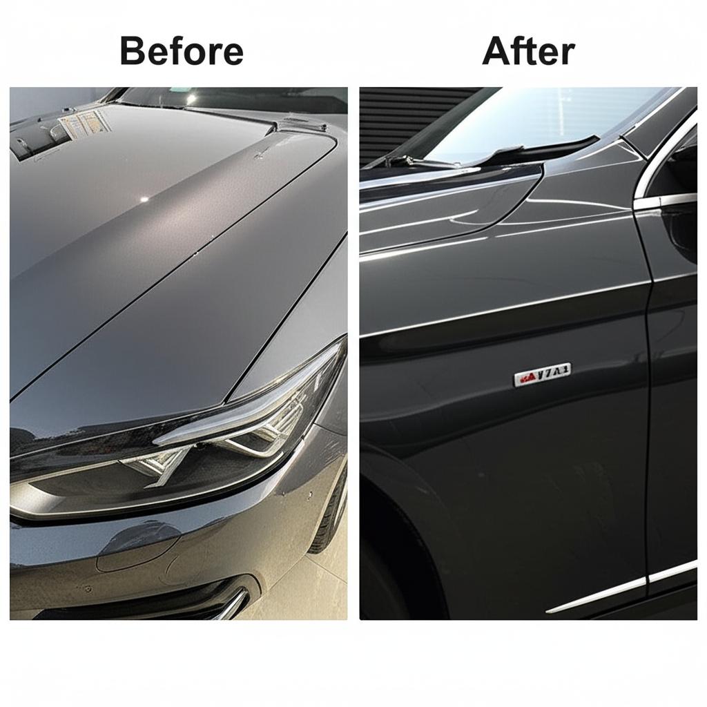 Car before and after TPU film installation showing improved shine